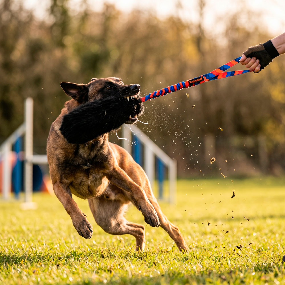 Perro jugando con motivador Tug E Nuff